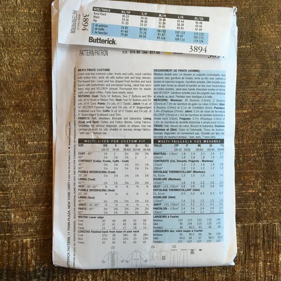 Butterick Sewing Pattern 3894 Victorian Pirate Captain Hook Cosplay XS S M UNCUT - Picture 2 of 2